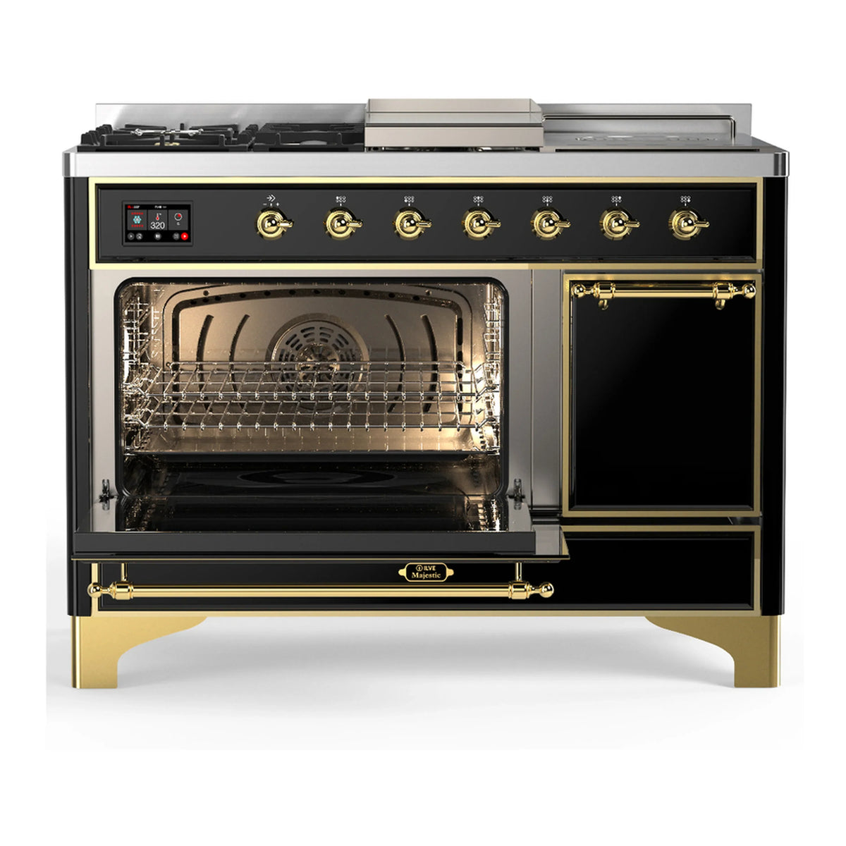 ILVE Majestic III 48-inch Dual Fuel Range with 5 Liquid Propane Burner, Griddle, French Top and Solid Door Electric Oven in Glossy Black with Brass Trim (UM48FSQNR3BKGLP)