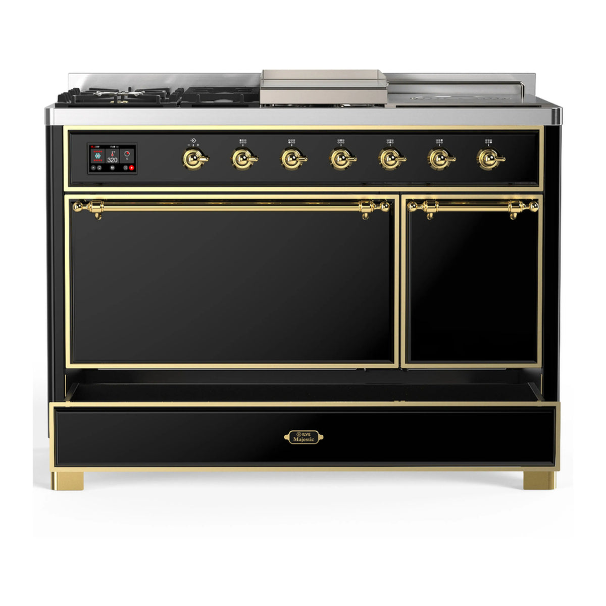 ILVE Majestic III 48-inch Dual Fuel Range with 5 Liquid Propane Burner, Griddle, French Top and Solid Door Electric Oven in Glossy Black with Brass Trim (UM48FSQNR3BKGLP)