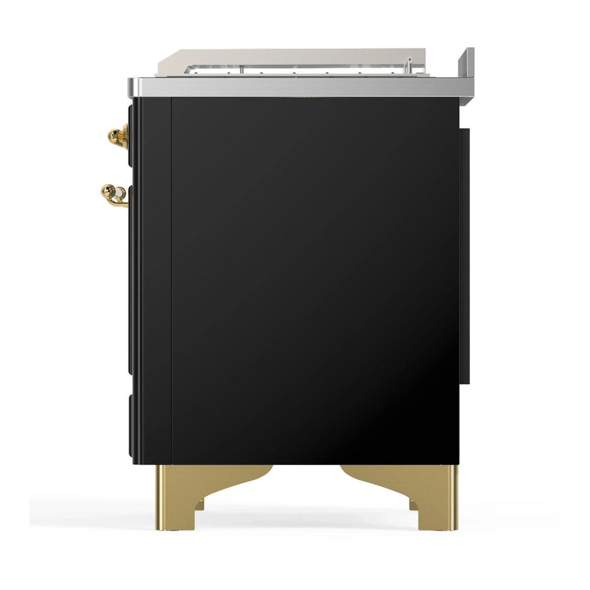 ILVE Majestic III 48-inch Dual Fuel Range with 5 Liquid Propane Burner, Griddle, French Top and Solid Door Electric Oven in Glossy Black with Brass Trim (UM48FSQNR3BKGLP)