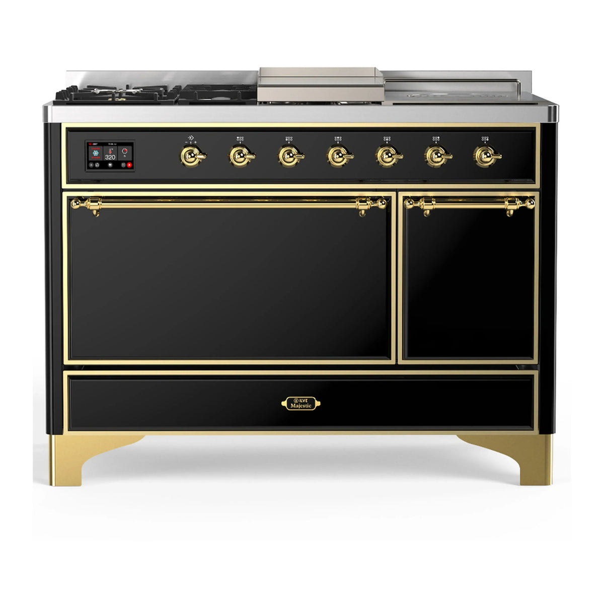 ILVE Majestic III 48-Inch Dual Fuel Range, 5 NG Burners, Griddle, French Top, Solid Door, Glossy Black, Brass Trim (UM48FSQNR3BKG)