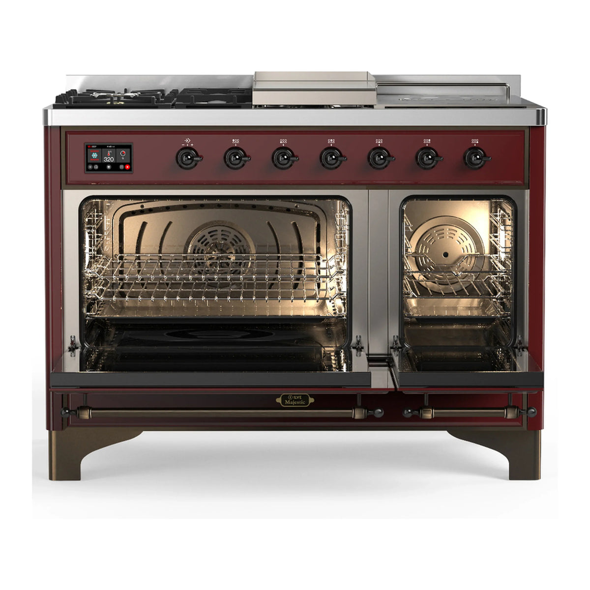 ILVE Majestic III 48-inch Dual Fuel Range with 5 Natural Gas Burner, Griddle, French Top and Solid Door Electric Oven in Burgundy with Burnished Trim (UM48FSQNR3BUB)