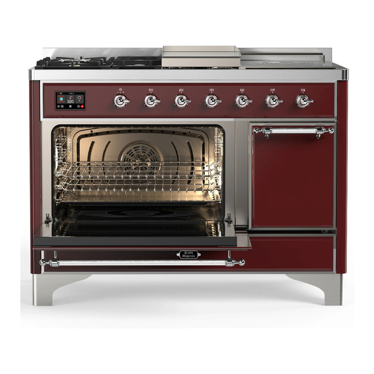 ILVE Majestic III 48-inch Dual Fuel Range with 5 Natural Gas Burner, Griddle, French Top and Solid Door Electric Oven in Burgundy with Chrome Trim (UM48FSQNR3BUC)
