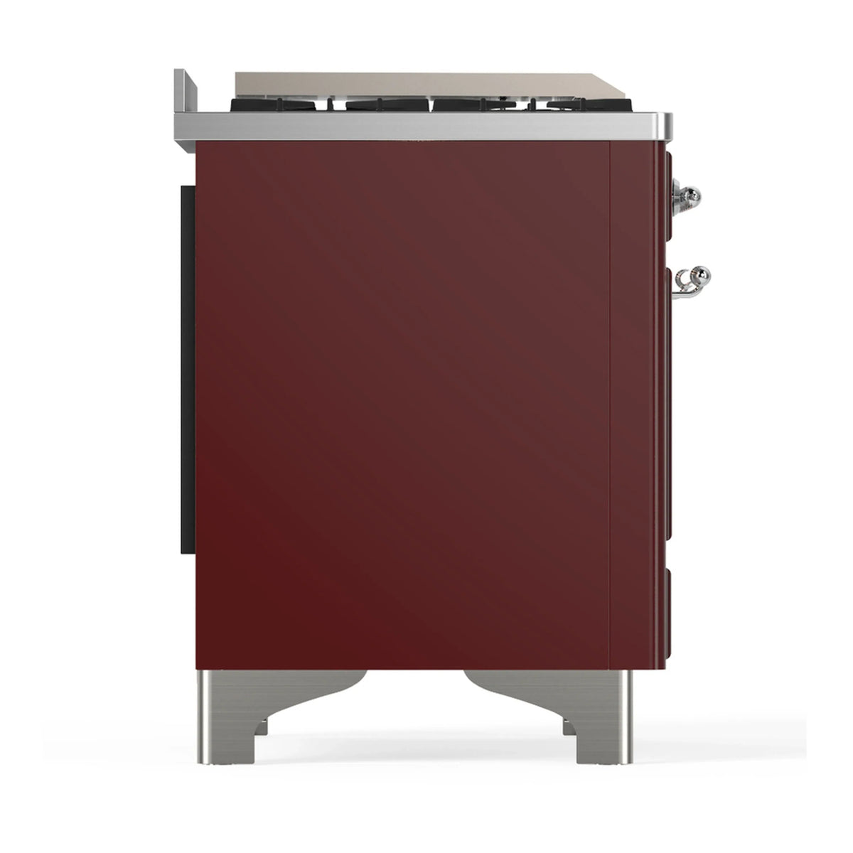 ILVE Majestic III 48-inch Dual Fuel Range with 5 Natural Gas Burner, Griddle, French Top and Solid Door Electric Oven in Burgundy with Chrome Trim (UM48FSQNR3BUC)