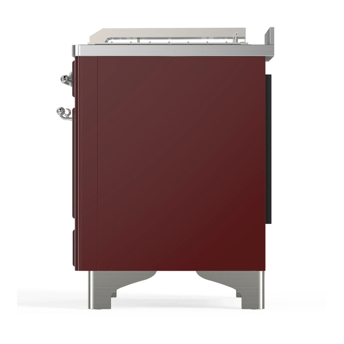 ILVE Majestic III 48-inch Dual Fuel Range with 5 Natural Gas Burner, Griddle, French Top and Solid Door Electric Oven in Burgundy with Chrome Trim (UM48FSQNR3BUC)