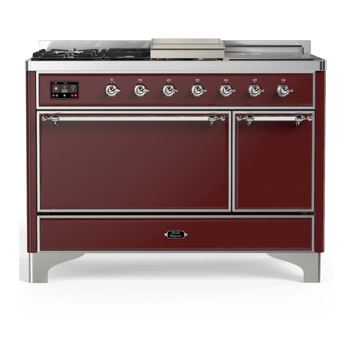 ILVE Majestic III 48-inch Dual Fuel Range with 5 Liquid Propane Burner, Griddle, French Top and Solid Door Electric Oven in Burgundy with Chrome Trim (UM48FSQNR3BUCLP)