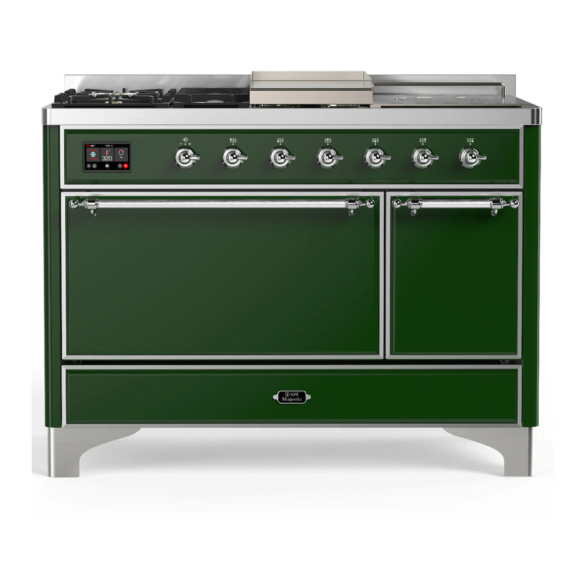 ILVE Majestic III 48-Inch Dual Fuel Range, 5 NG Burners, Griddle, French Top, Solid Door, Emerald Green, Chrome Trim (UM48FSQNR3EGC)