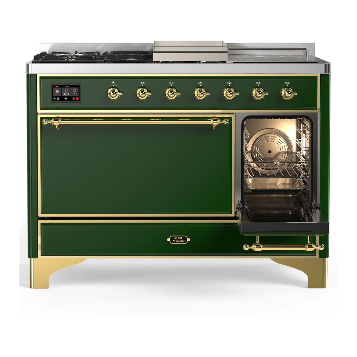 ILVE Majestic III 48-inch Dual Fuel Range with 5 Natural Gas Burner, Griddle, French Top and Solid Door Electric Oven in Emerald Green with Brass Trim (UM48FSQNR3EGG)