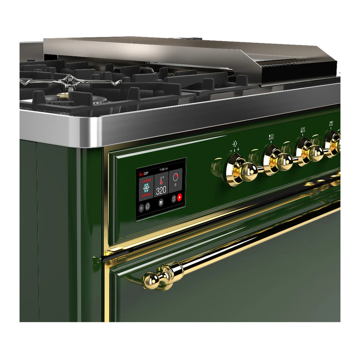 ILVE Majestic III 48-inch Dual Fuel Range with 5 Natural Gas Burner, Griddle, French Top and Solid Door Electric Oven in Emerald Green with Brass Trim (UM48FSQNR3EGG)