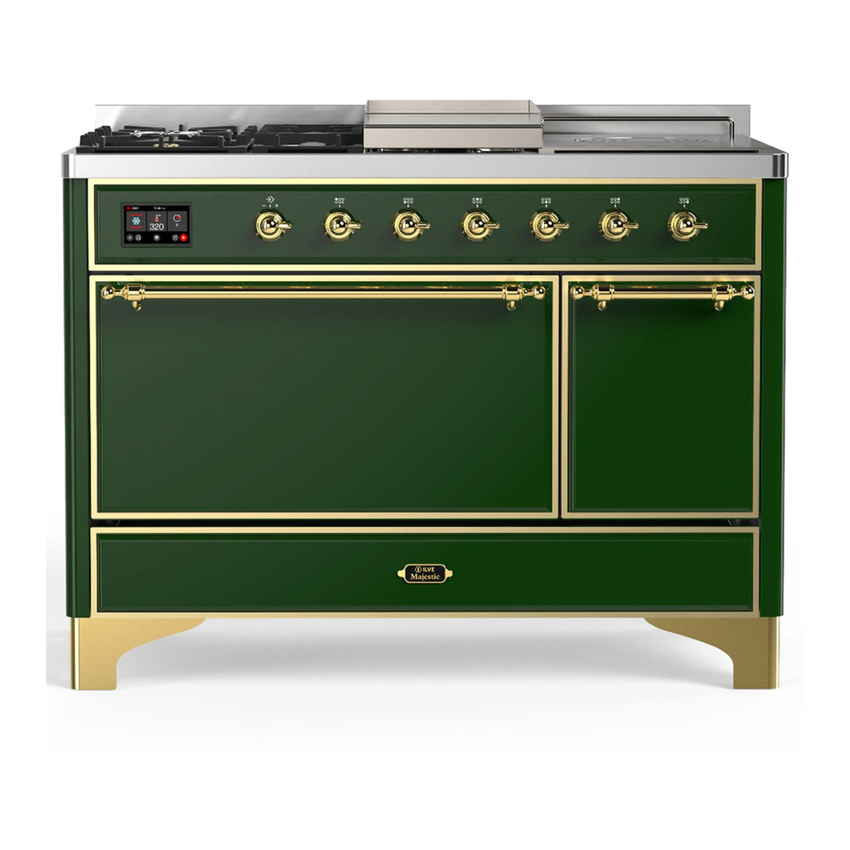 ILVE Majestic III 48-Inch Dual Fuel Range, 5 LP Burners, Griddle, French Top, Solid Door, Emerald Green, Brass Trim (UM48FSQNR3EGGLP)