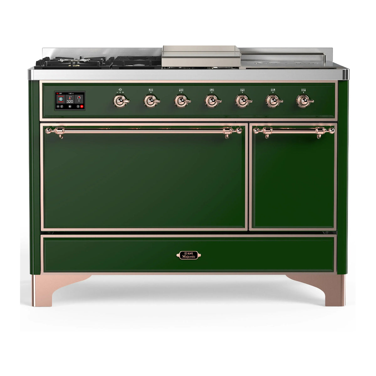 ILVE Majestic III 48-Inch Dual Fuel Range, 5 LP Burners, Griddle, French Top, Solid Door, Emerald Green, Copper Trim (UM48FSQNR3EGPLP)