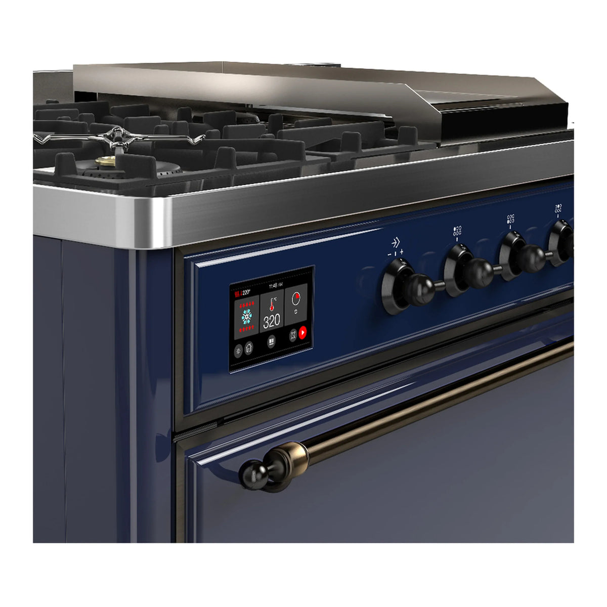 ILVE Majestic III 48-inch Dual Fuel Range with 5 Natural Gas Burner, Griddle, French Top and Solid Door Electric Oven in Midnight Blue with Burnished Trim (UM48FSQNR3MBB)