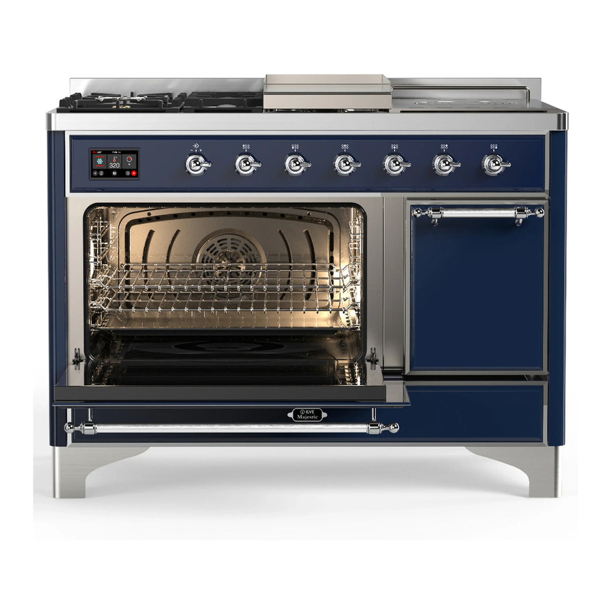 ILVE Majestic III 48-inch Dual Fuel Range with 5 Liquid Propane Burner, Griddle, French Top and Solid Door Electric Oven in Midnight Blue with Chrome Trim (UM48FSQNR3MBCLP)