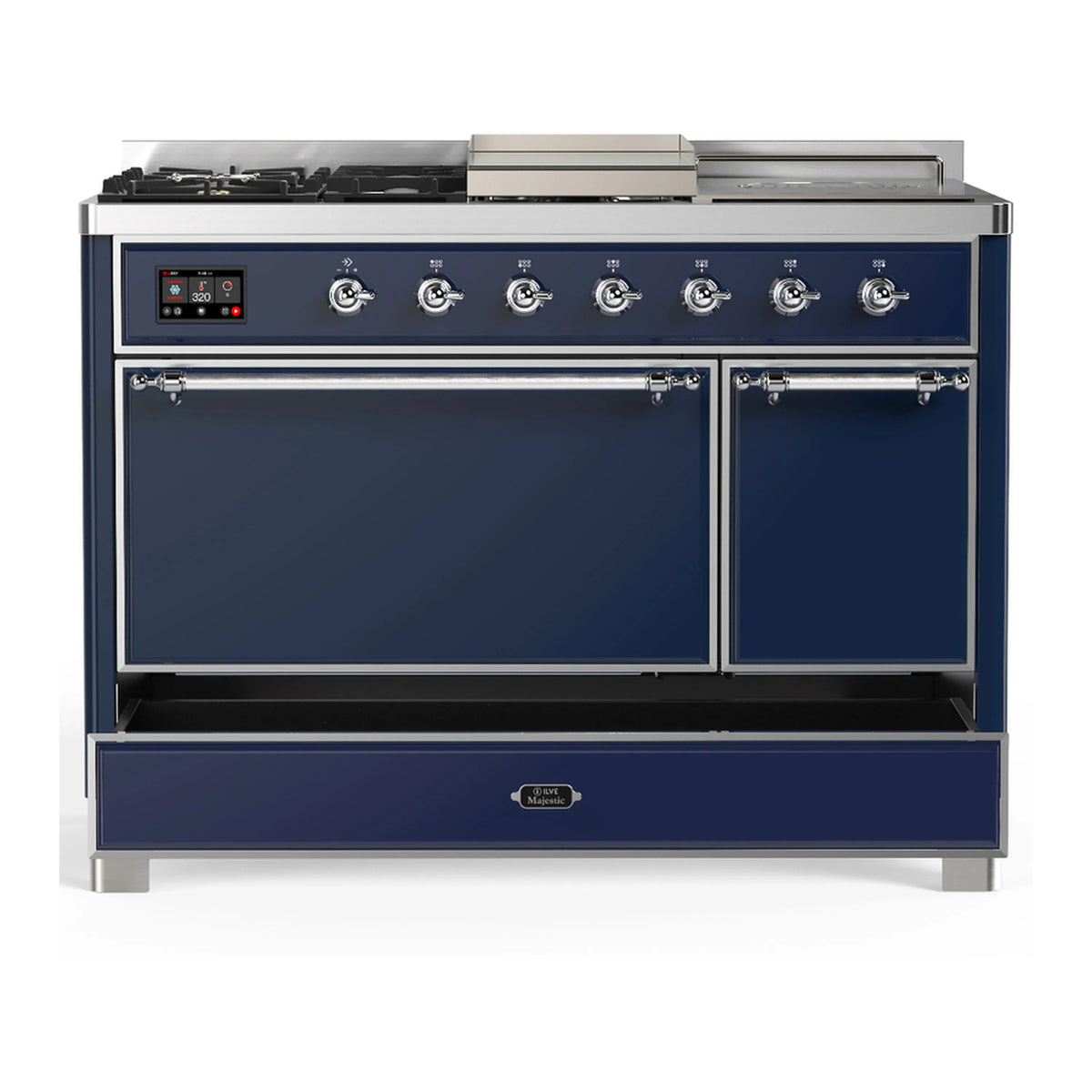 ILVE Majestic III 48-inch Dual Fuel Range with 5 Natural Gas Burner, Griddle, French Top and Solid Door Electric Oven in Midnight Blue with Chrome Trim (UM48FSQNR3MBC)