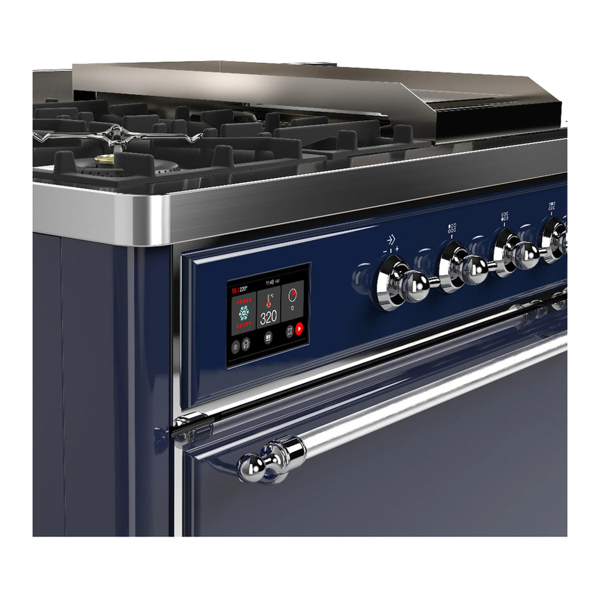 ILVE Majestic III 48-inch Dual Fuel Range with 5 Liquid Propane Burner, Griddle, French Top and Solid Door Electric Oven in Midnight Blue with Chrome Trim (UM48FSQNR3MBCLP)