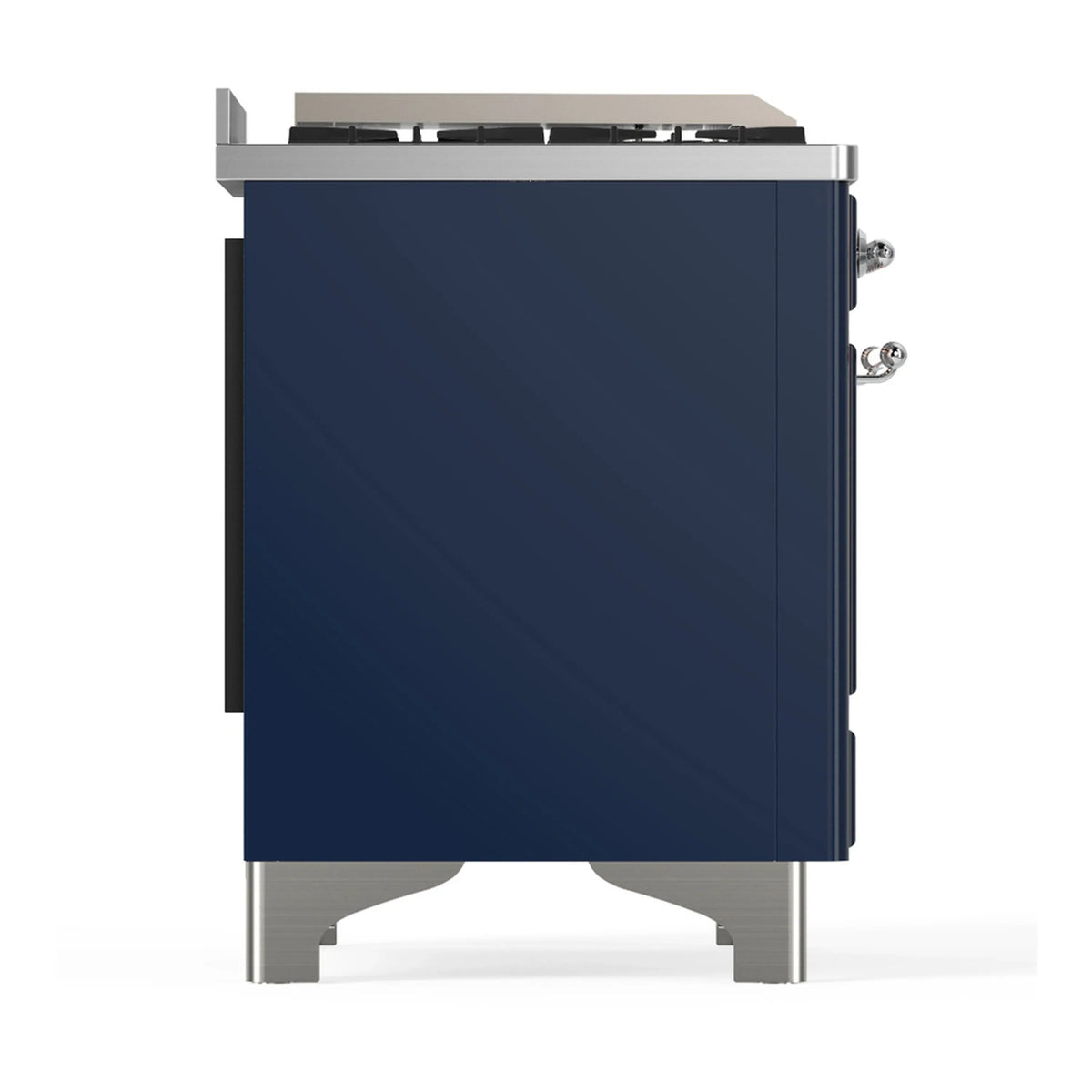 ILVE Majestic III 48-inch Dual Fuel Range with 5 Natural Gas Burner, Griddle, French Top and Solid Door Electric Oven in Midnight Blue with Chrome Trim (UM48FSQNR3MBC)