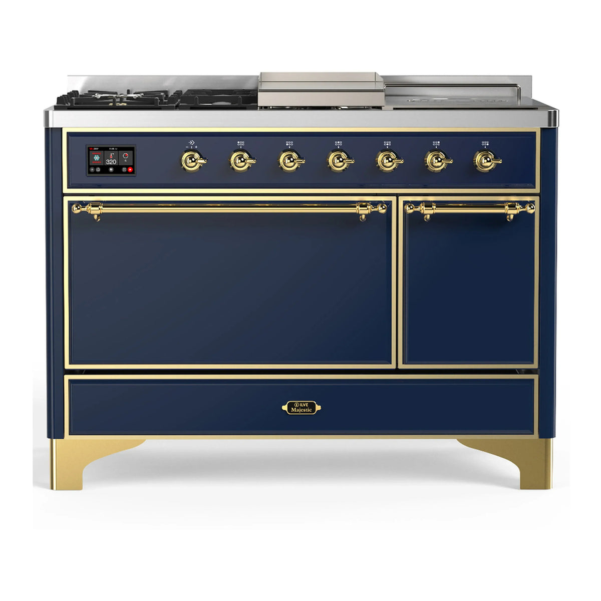 ILVE Majestic III 48-Inch Dual Fuel Range, 5 NG Burners, Griddle, French Top, Solid Door, Midnight Blue, Brass Trim (UM48FSQNR3MBG)