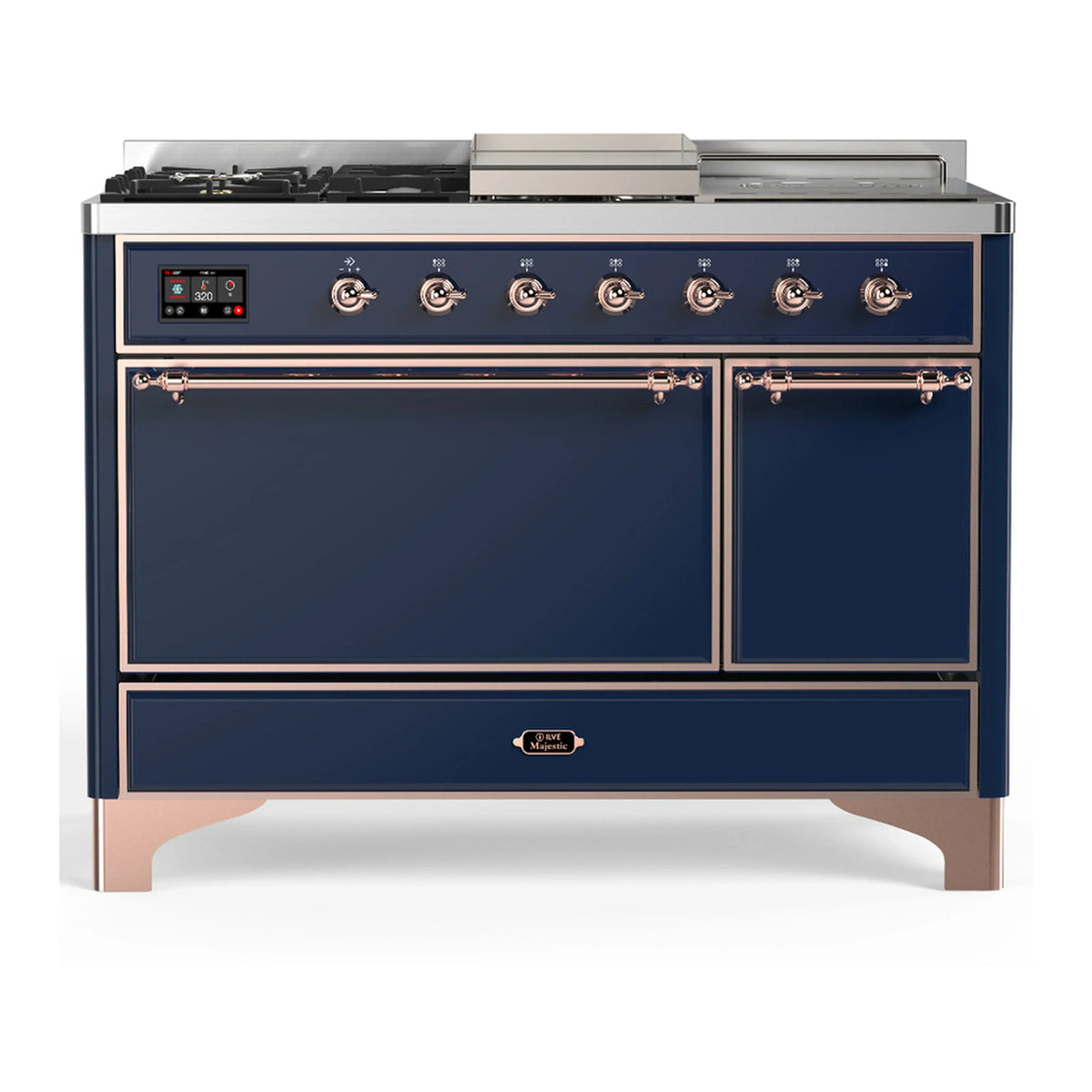 ILVE Majestic III 48-Inch Dual Fuel Range, 5 LP Burners, Griddle, French Top, Solid Door, Midnight Blue, Copper Trim (UM48FSQNR3MBPLP)