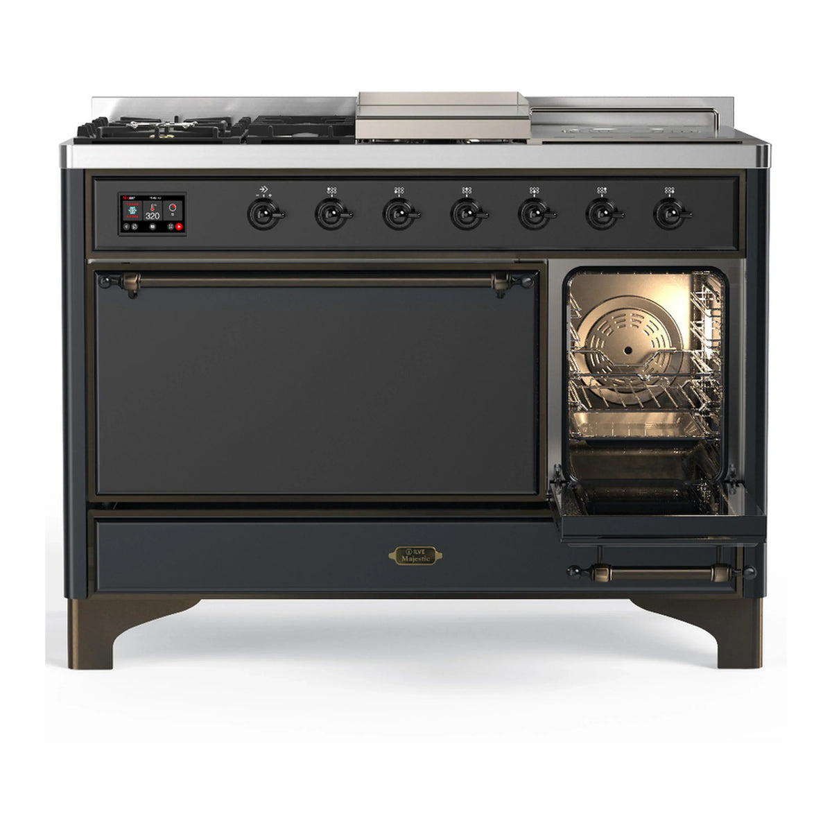 ILVE Majestic III 48-inch Dual Fuel Range with 5 Natural Gas Burner, Griddle, French Top and Solid Door Electric Oven in Graphite Matte with Burnished Trim (UM48FSQNR3MGB)