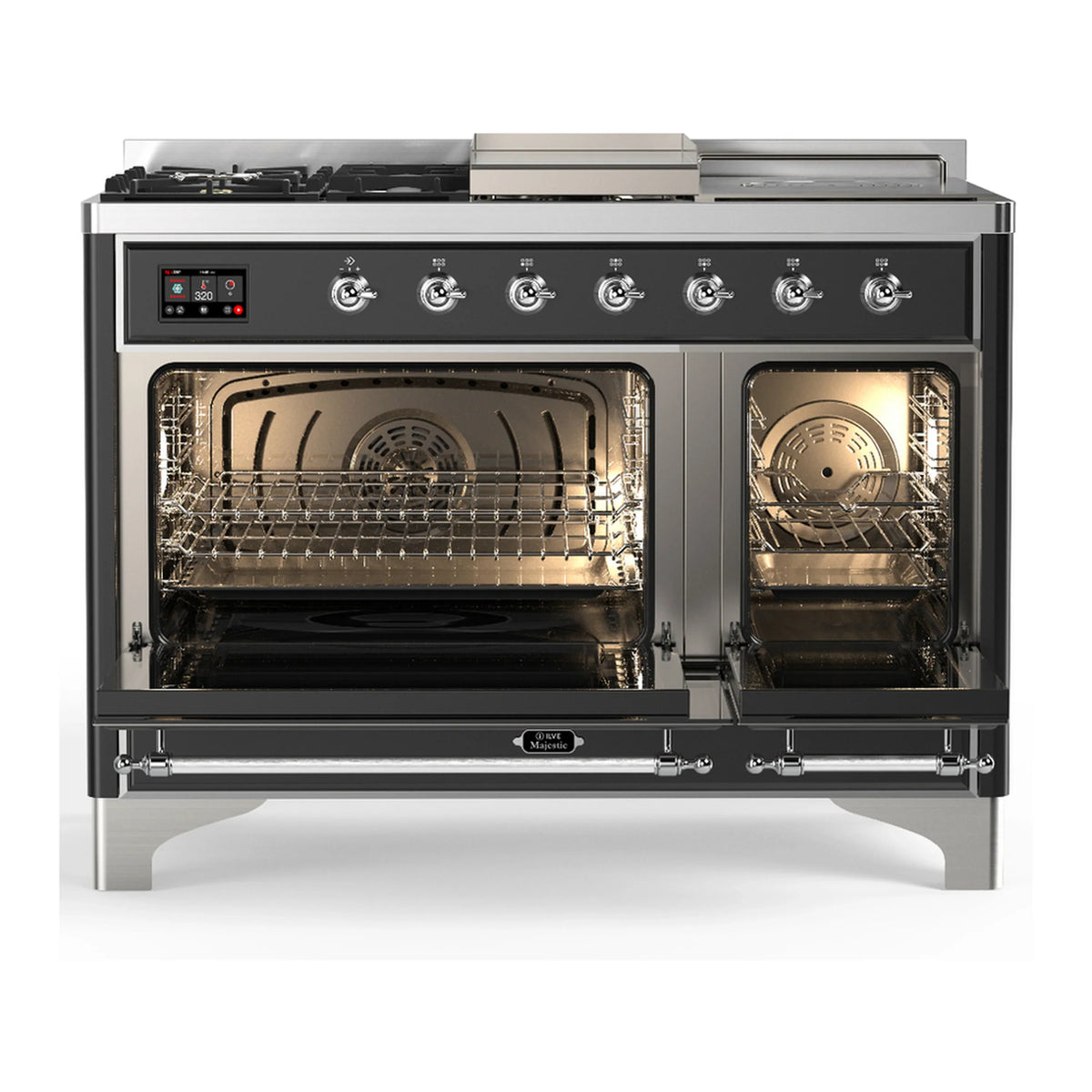 ILVE Majestic III 48-inch Dual Fuel Range with 5 Natural Gas Burner, Griddle, French Top and Solid Door Electric Oven in Graphite Matte with Chrome Trim (UM48FSQNR3MGC)