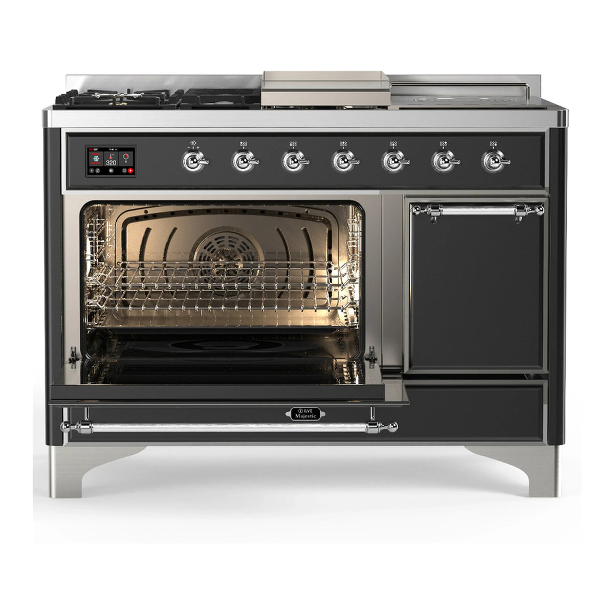 ILVE Majestic III 48-inch Dual Fuel Range with 5 Natural Gas Burner, Griddle, French Top and Solid Door Electric Oven in Graphite Matte with Chrome Trim (UM48FSQNR3MGC)