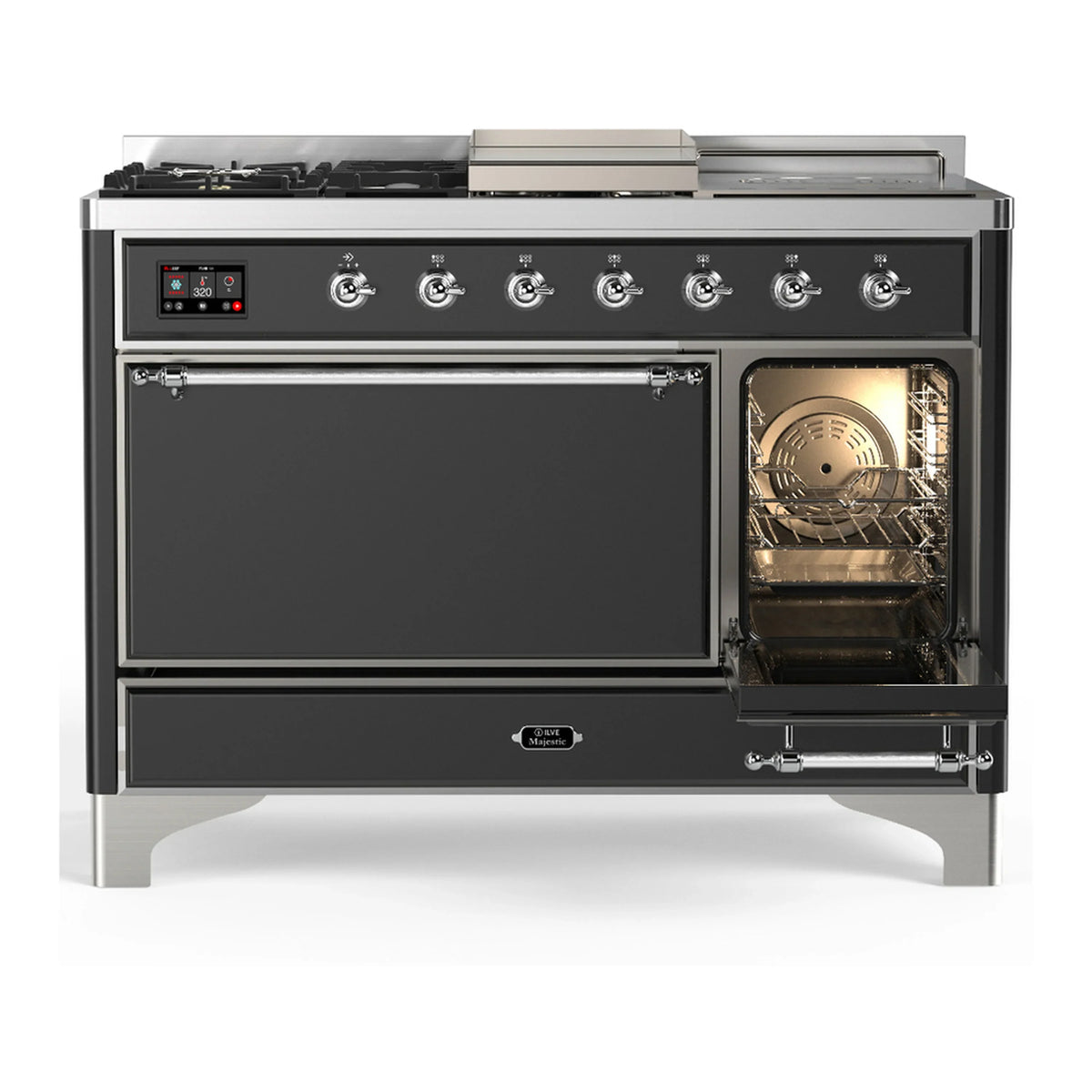 ILVE Majestic III 48-inch Dual Fuel Range with 5 Natural Gas Burner, Griddle, French Top and Solid Door Electric Oven in Graphite Matte with Chrome Trim (UM48FSQNR3MGC)