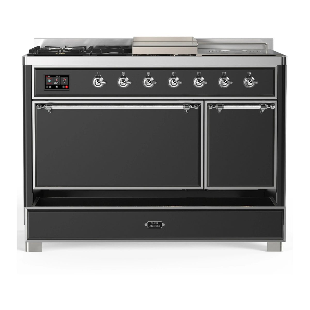 ILVE Majestic III 48-inch Dual Fuel Range with 5 Natural Gas Burner, Griddle, French Top and Solid Door Electric Oven in Graphite Matte with Chrome Trim (UM48FSQNR3MGC)