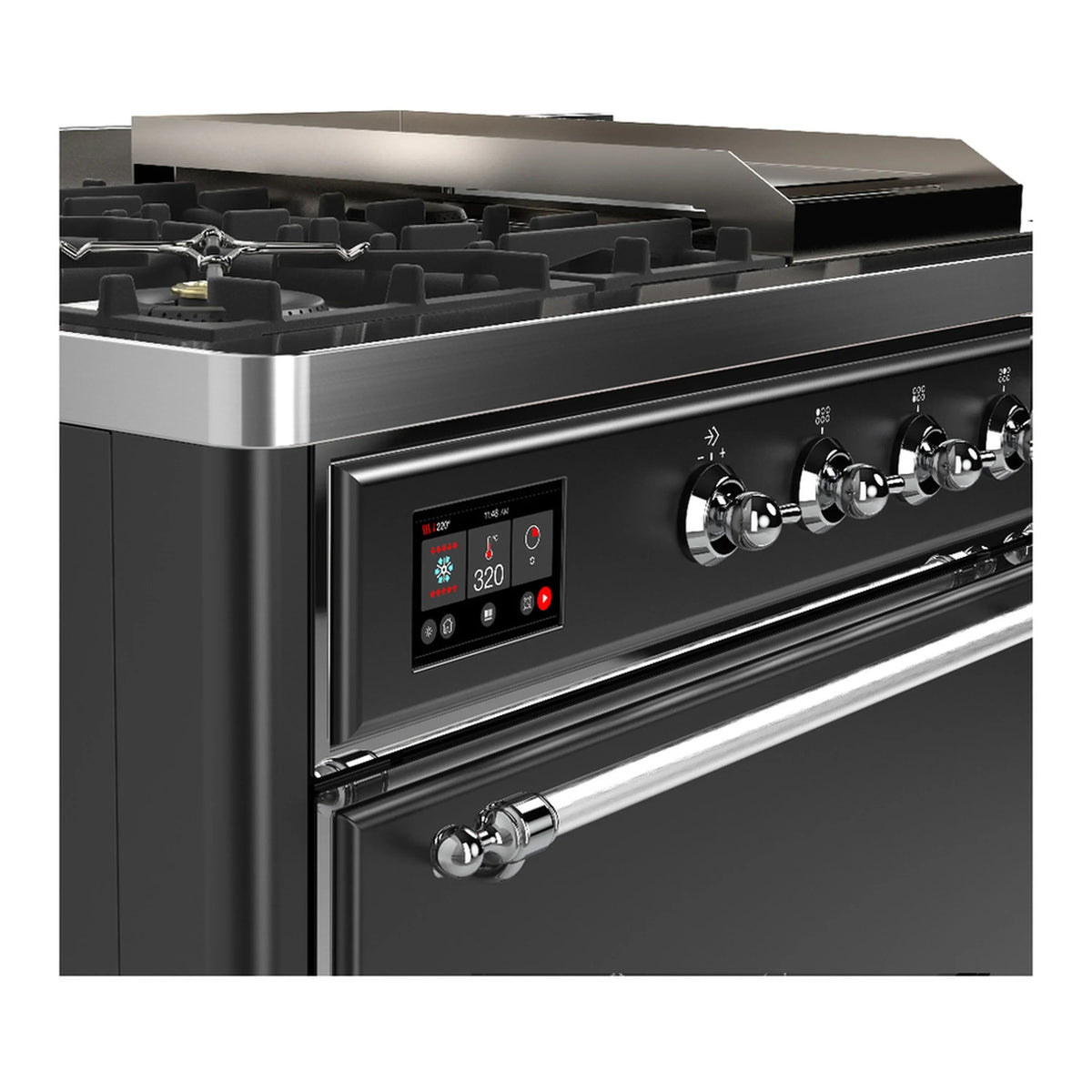 ILVE Majestic III 48-inch Dual Fuel Range with 5 Natural Gas Burner, Griddle, French Top and Solid Door Electric Oven in Graphite Matte with Chrome Trim (UM48FSQNR3MGC)