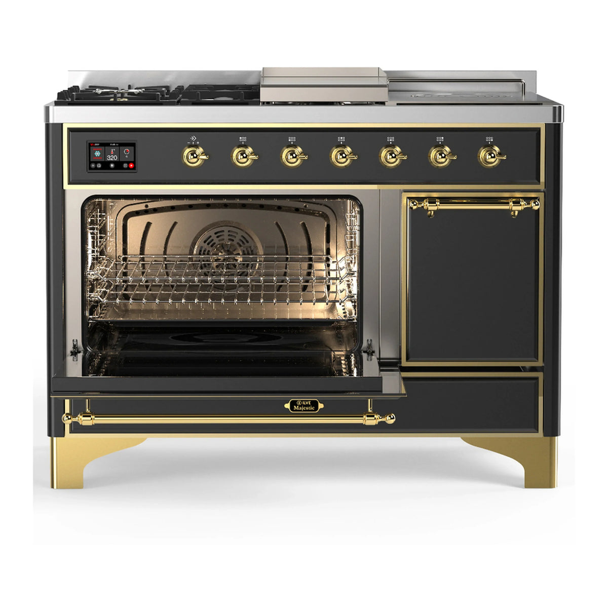 ILVE Majestic III 48-inch Dual Fuel Range with 5 Natural Gas Burner, Griddle, French Top and Solid Door Electric Oven in Graphite Matte with Brass Trim (UM48FSQNR3MGG)