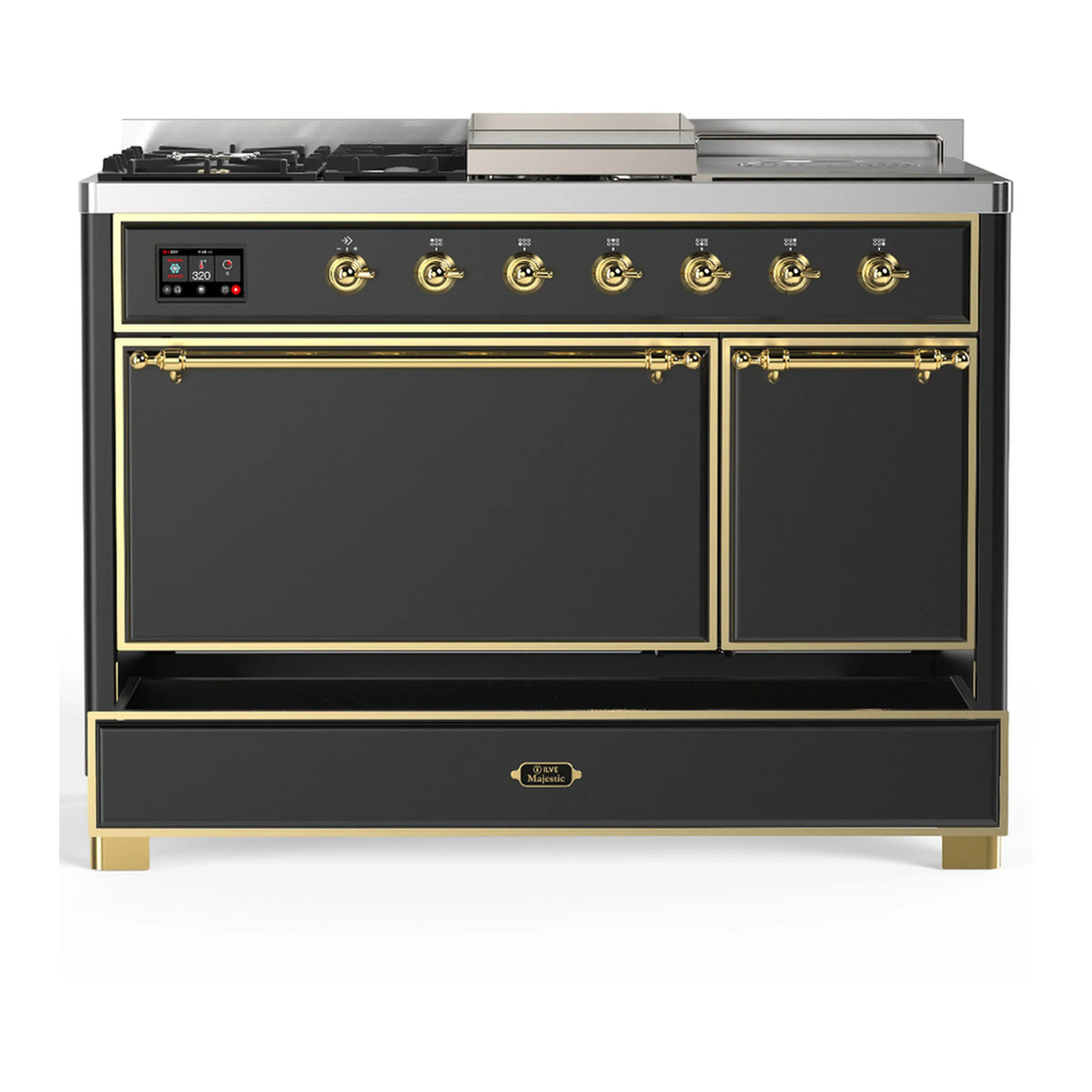 ILVE Majestic III 48-inch Dual Fuel Range with 5 Natural Gas Burner, Griddle, French Top and Solid Door Electric Oven in Graphite Matte with Brass Trim (UM48FSQNR3MGG)