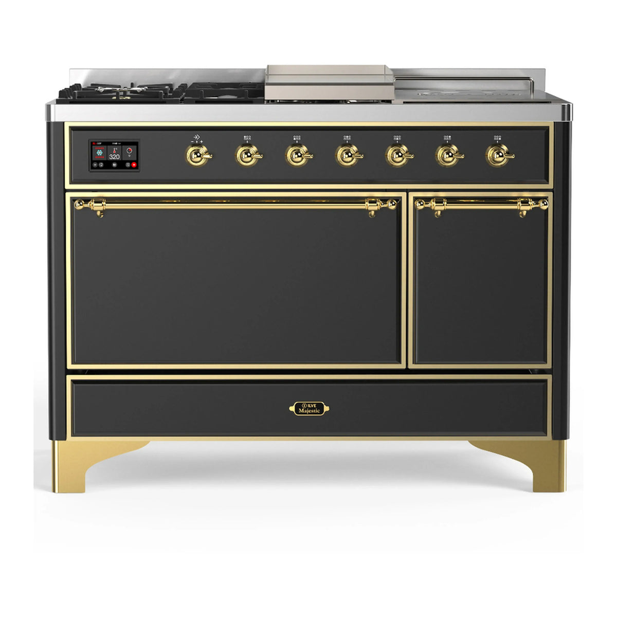 ILVE Majestic III 48-Inch Dual Fuel Range, 5 LP Burners, Griddle, French Top, Solid Door, Graphite Matte, Brass Trim (UM48FSQNR3MGGLP)