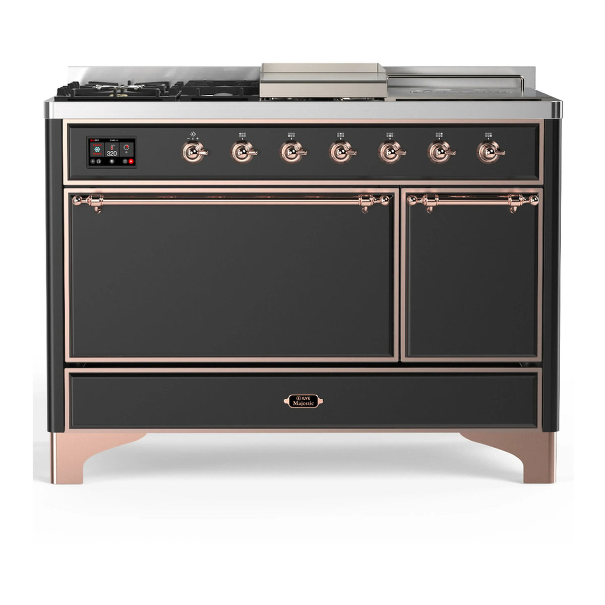 ILVE Majestic III 48-Inch Dual Fuel Range, 5 NG Burners, Griddle, French Top, Solid Door, Graphite Matte, Copper Trim (UM48FSQNR3MGP)