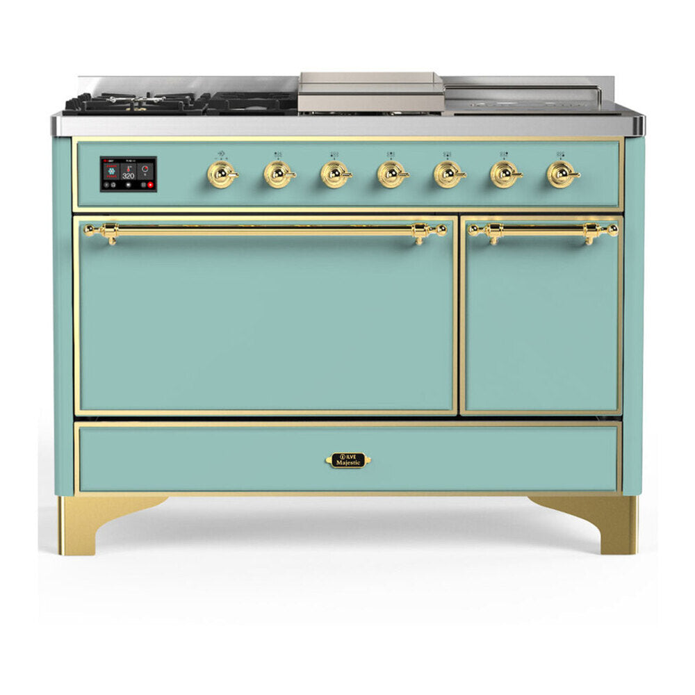 ILVE Majestic III 48-Inch Dual Fuel Range, 5 LP Burners, Griddle, French Top, Solid Door, Mediterranean Mint, Brass Trim (UM48FSQNR3MMGLP)