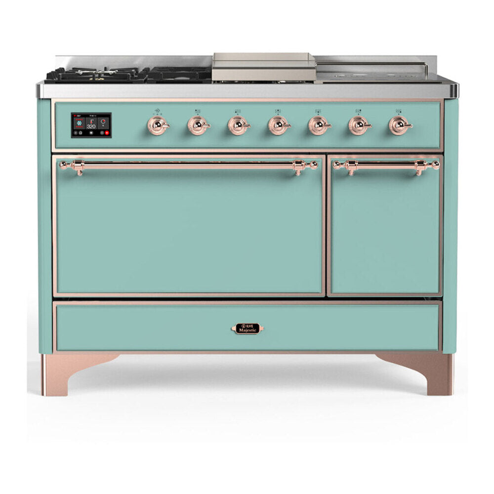 ILVE Majestic III 48-inch Dual Fuel Range with 5 Liquid Propane Burner, Griddle, French Top and Solid Door Electric Oven in Mediterranean Mint with Copper Trim (UM48FSQNR3MMPLP)