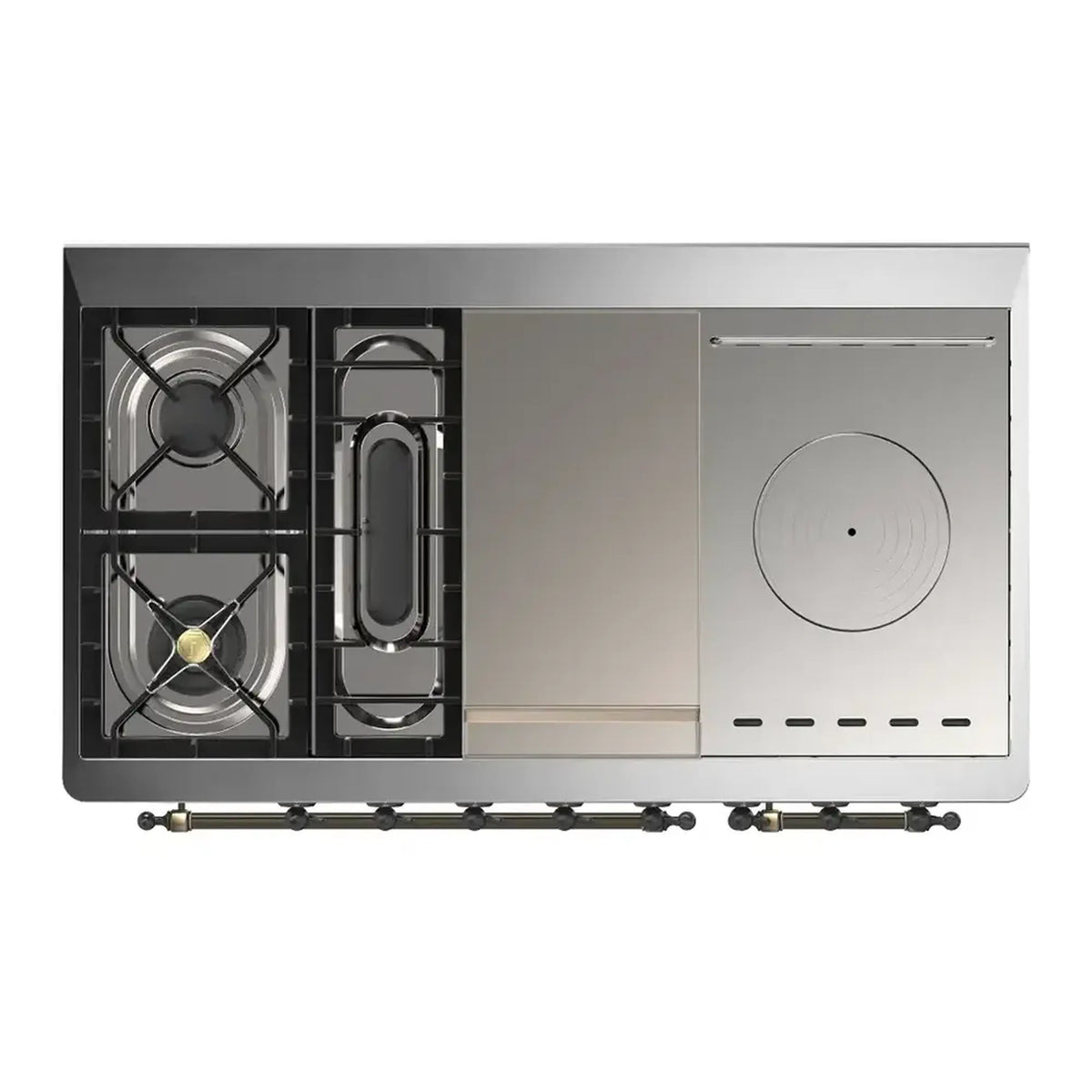 ILVE Majestic III 48-inch Dual Fuel Range with 5 Liquid Propane Burner, Griddle, French Top and Solid Door Electric Oven in RAL with Burnished Trim (UM48FSQNR3RABLP)