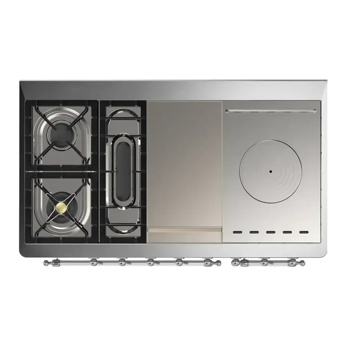 ILVE Majestic III 48-inch Dual Fuel Range with 5 Natural Gas Burner, Griddle, French Top and Solid Door Electric Oven in RAL with Chrome Trim (UM48FSQNR3RAC)