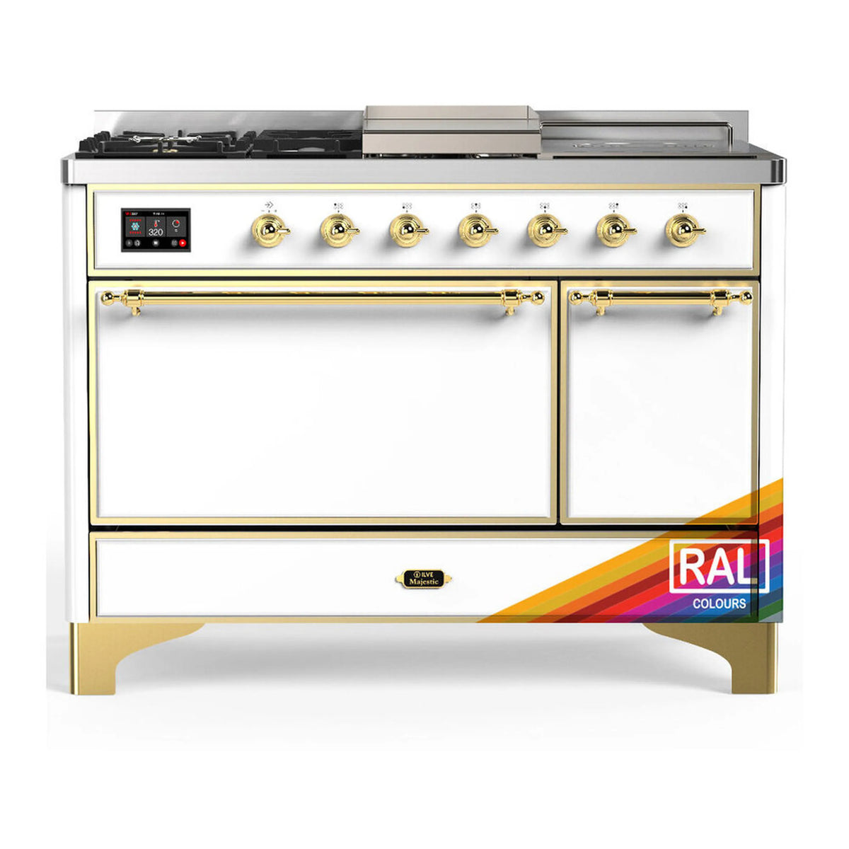 ILVE Majestic III 48-Inch Dual Fuel Range, 5 NG Burners, Griddle, French Top, Solid Door, RAL, Brass Trim (UM48FSQNR3RAG)