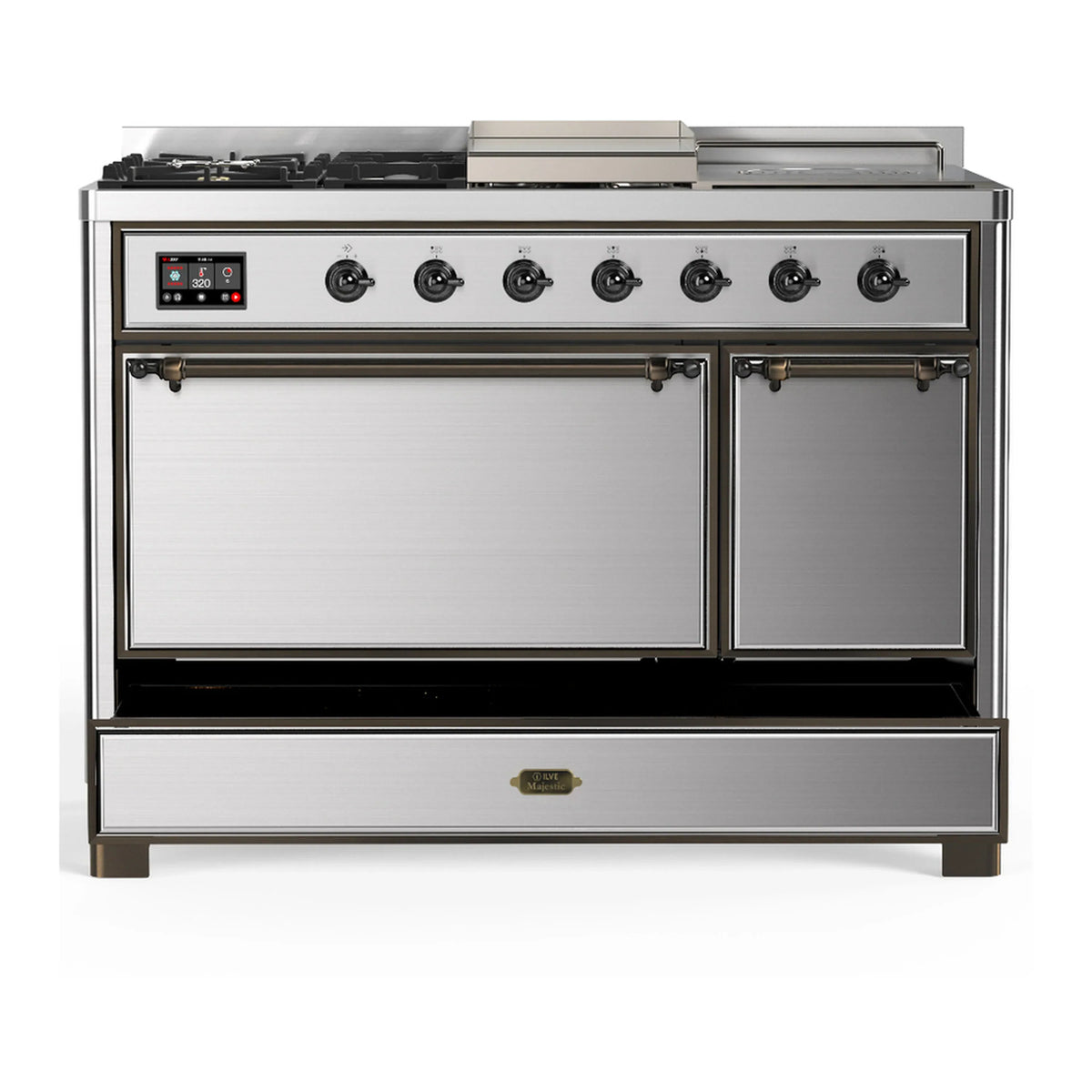 ILVE Majestic III 48-inch Dual Fuel Range with 5 Natural Gas Burner, Griddle, French Top and Solid Door Electric Oven in Stainless Steel with Burnished Trim (UM48FSQNR3SSB)