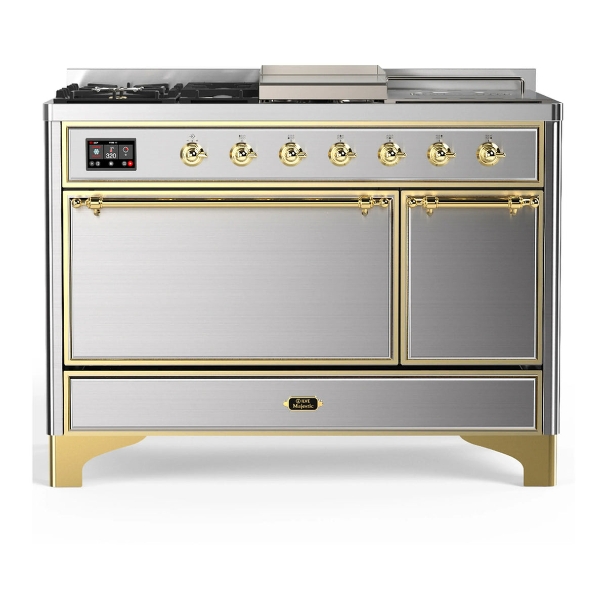 ILVE Majestic III 48-Inch Dual Fuel Range, 5 NG Burners, Griddle, French Top, Solid Door, Stainless Steel, Brass Trim (UM48FSQNR3SSG)