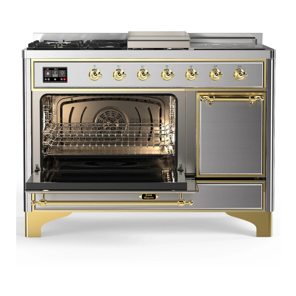 ILVE Majestic III 48-inch Dual Fuel Range with 5 Liquid Propane Burner, Griddle, French Top and Solid Door Electric Oven in Stainless Steel with Brass Trim (UM48FSQNR3SSGLP)
