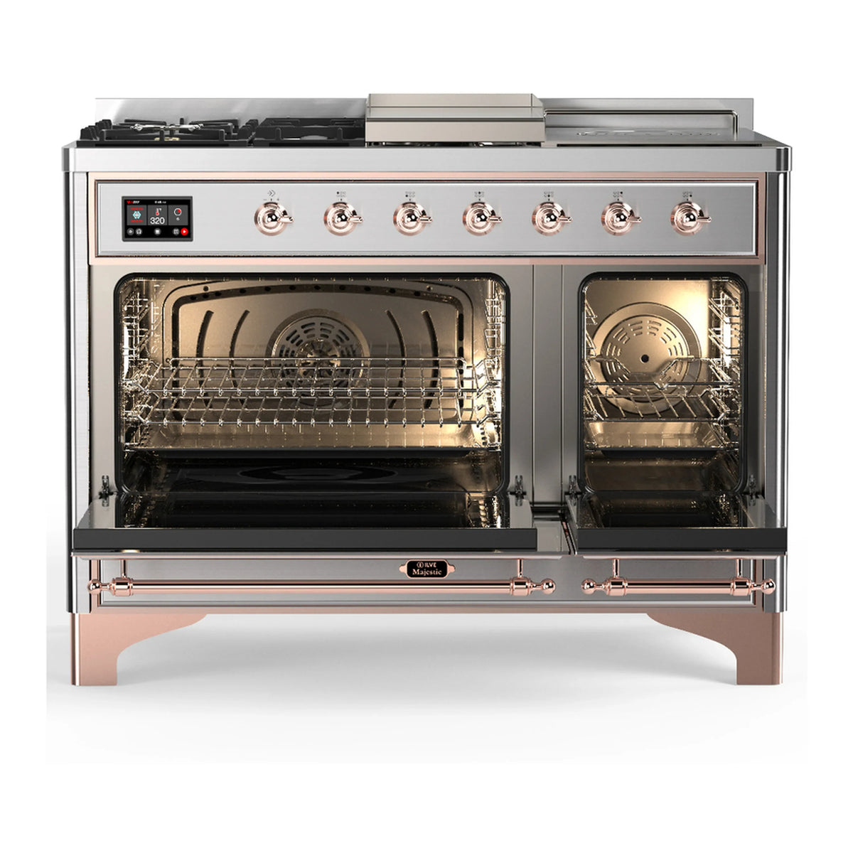 ILVE Majestic III 48-inch Dual Fuel Range with 5 Natural Gas Burner, Griddle, French Top and Solid Door Electric Oven in Stainless Steel with Copper Trim (UM48FSQNR3SSP)