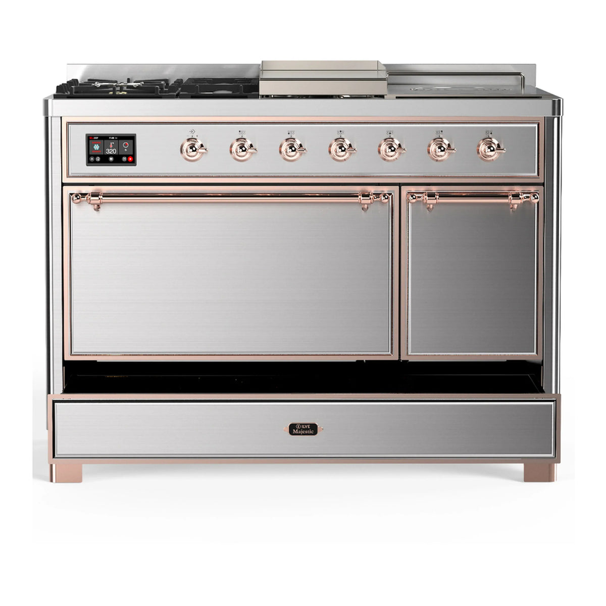 ILVE Majestic III 48-inch Dual Fuel Range with 5 Natural Gas Burner, Griddle, French Top and Solid Door Electric Oven in Stainless Steel with Copper Trim (UM48FSQNR3SSP)