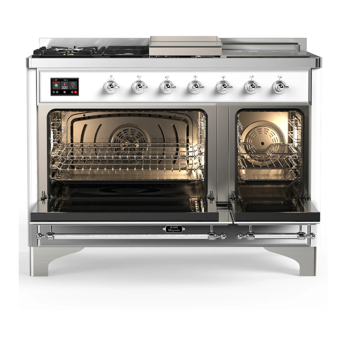 ILVE Majestic III 48-inch Dual Fuel Range with 5 Natural Gas Burner, Griddle, French Top and Solid Door Electric Oven in White with Chrome Trim (UM48FSQNR3WHC)