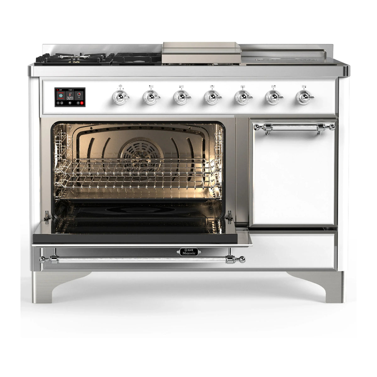 ILVE Majestic III 48-inch Dual Fuel Range with 5 Natural Gas Burner, Griddle, French Top and Solid Door Electric Oven in White with Chrome Trim (UM48FSQNR3WHC)