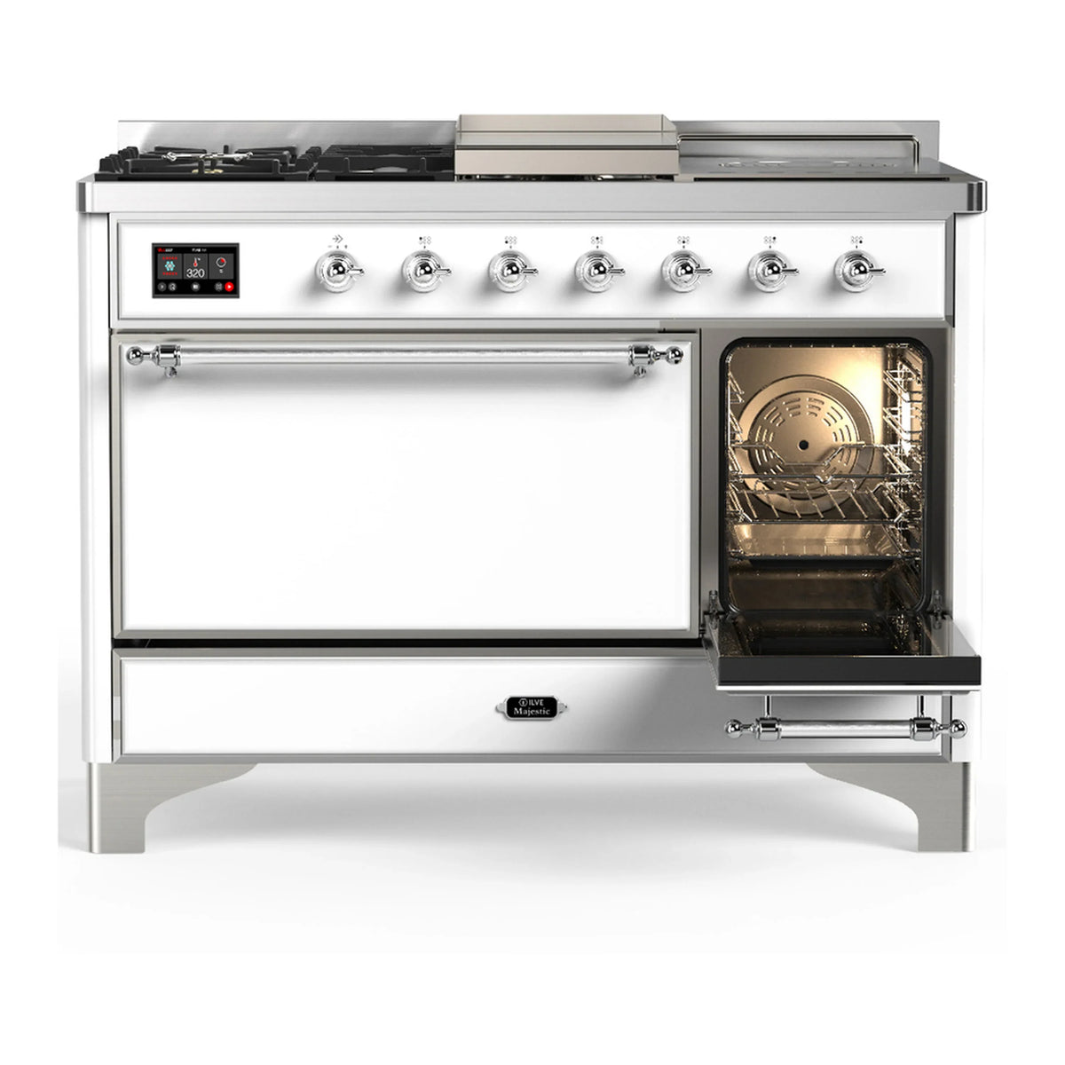 ILVE Majestic III 48-inch Dual Fuel Range with 5 Natural Gas Burner, Griddle, French Top and Solid Door Electric Oven in White with Chrome Trim (UM48FSQNR3WHC)