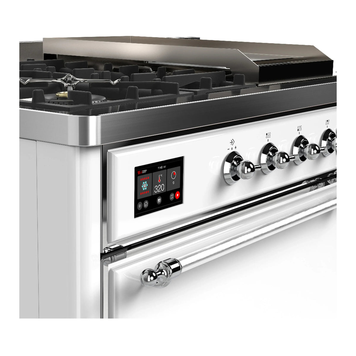 ILVE Majestic III 48-inch Dual Fuel Range with 5 Natural Gas Burner, Griddle, French Top and Solid Door Electric Oven in White with Chrome Trim (UM48FSQNR3WHC)