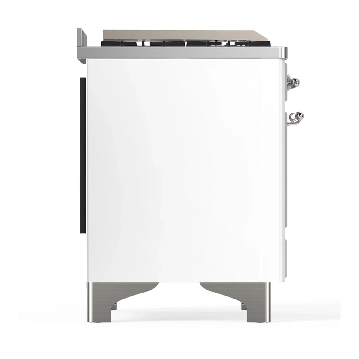 ILVE Majestic III 48-inch Dual Fuel Range with 5 Natural Gas Burner, Griddle, French Top and Solid Door Electric Oven in White with Chrome Trim (UM48FSQNR3WHC)