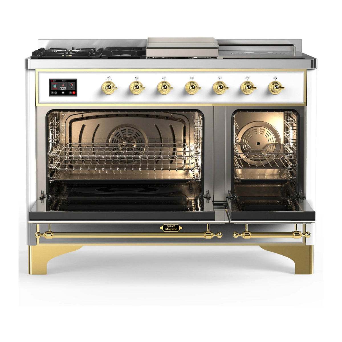 ILVE Majestic III 48-inch Dual Fuel Range with 5 Natural Gas Burner, Griddle, French Top and Solid Door Electric Oven in White with Brass Trim (UM48FSQNR3WHG)