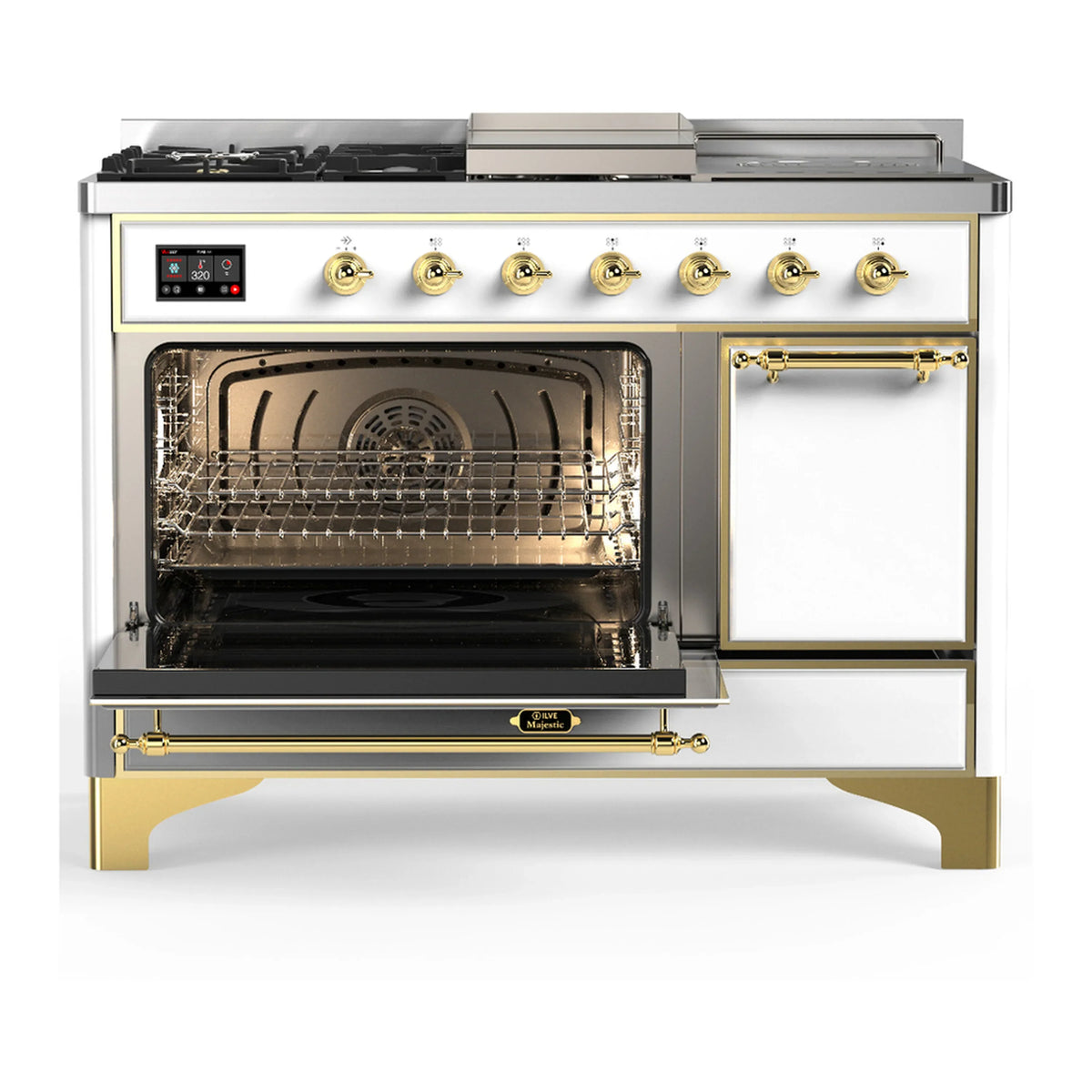 ILVE Majestic III 48-inch Dual Fuel Range with 5 Liquid Propane Burner, Griddle, French Top and Solid Door Electric Oven in White with Brass Trim (UM48FSQNR3WHGLP)