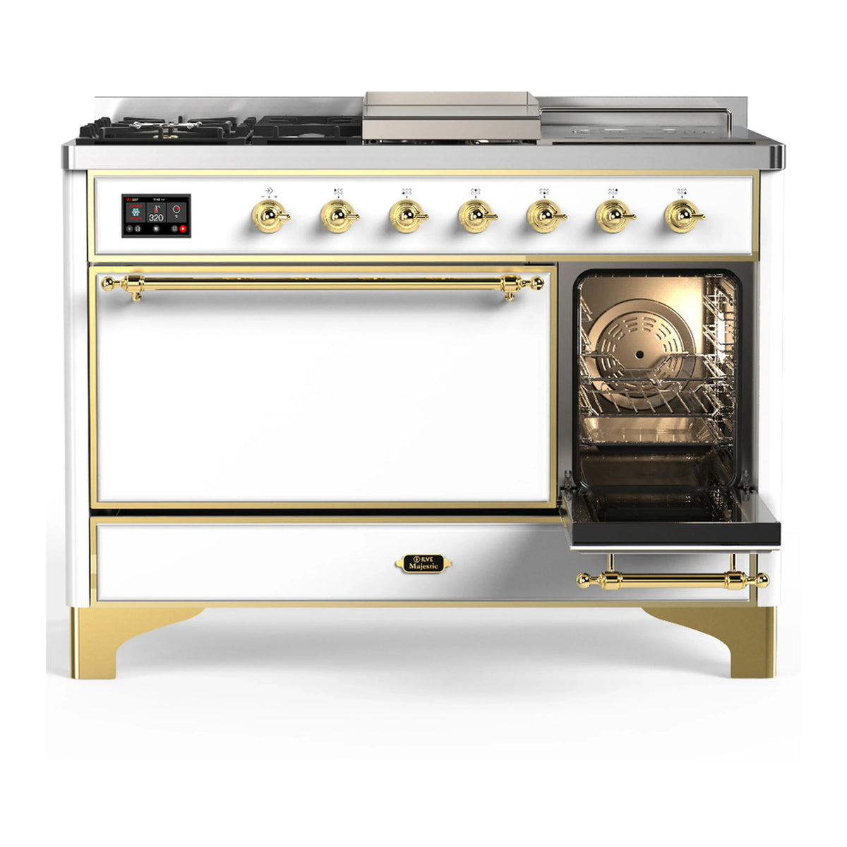 ILVE Majestic III 48-inch Dual Fuel Range with 5 Natural Gas Burner, Griddle, French Top and Solid Door Electric Oven in White with Brass Trim (UM48FSQNR3WHG)
