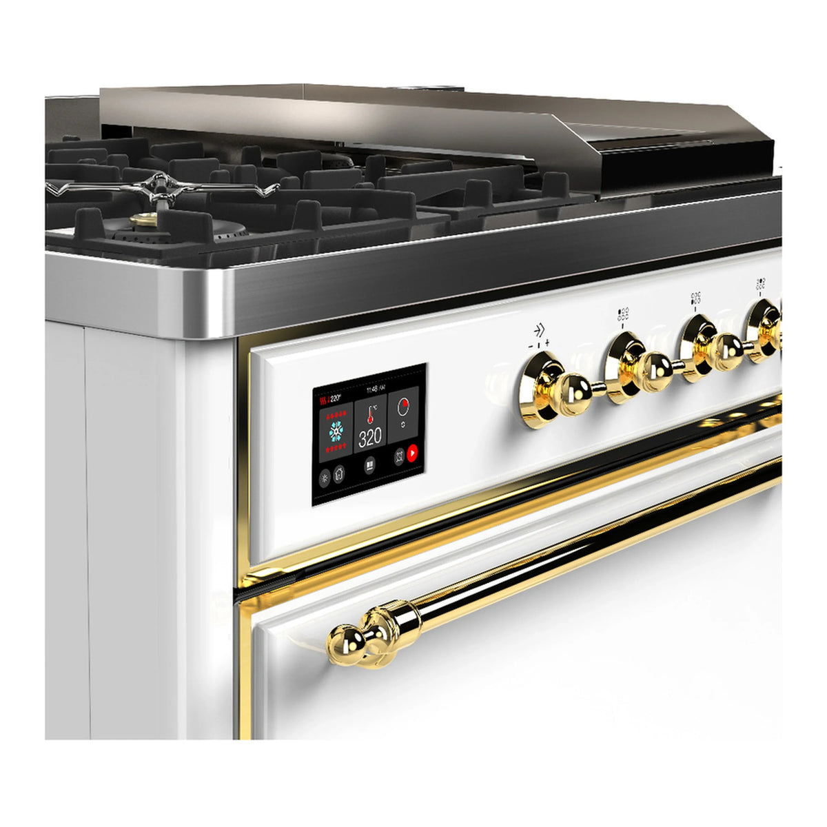 ILVE Majestic III 48-inch Dual Fuel Range with 5 Natural Gas Burner, Griddle, French Top and Solid Door Electric Oven in White with Brass Trim (UM48FSQNR3WHG)